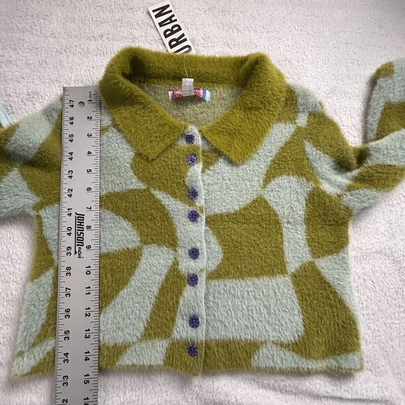 Urban Outfitters Womens Green Wavy Check Cropped Sweater Cardigan Small New $129 - Picture 8 of 8
